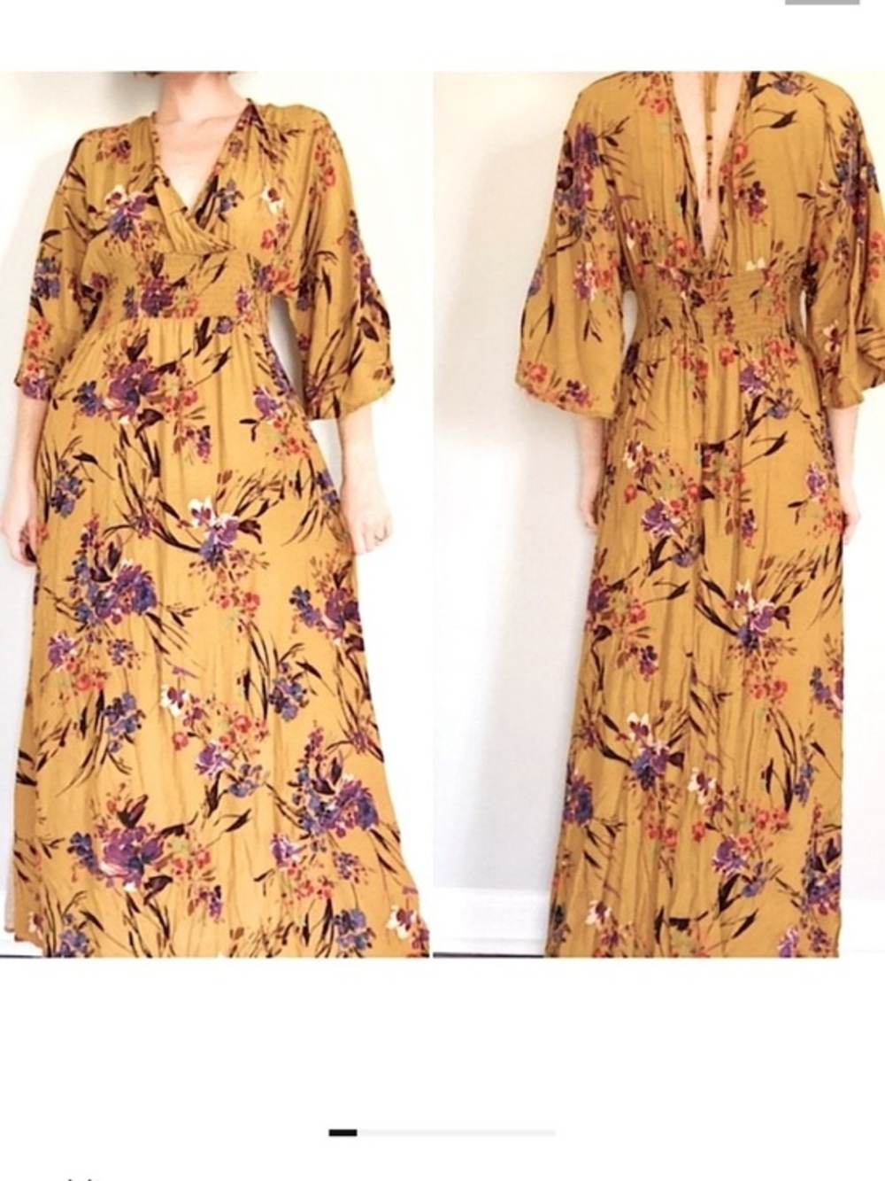 Kimono Sleeve V-neck Tie Back Neck Floral Maxi Dress Side Slits S